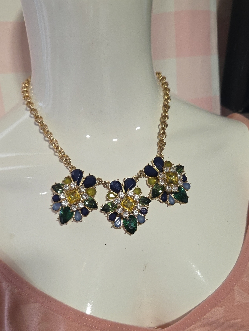 Gold-Tone Floral Statement Necklace with Blue, Green and Yellow Stones